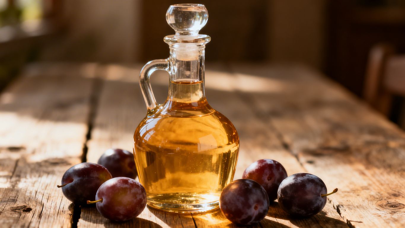 Edle serbische Rakija im Dekanter mit Früchten.